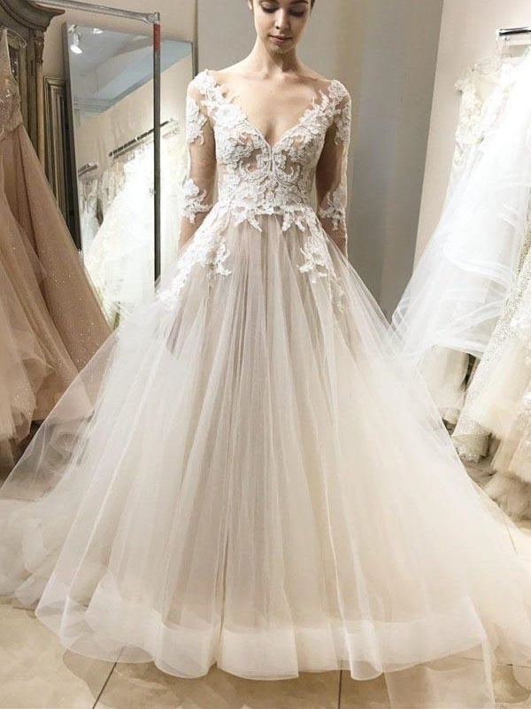 Romantic Fairy Long Sleeve Elegant Lace Top Tulle Wedding Dress with Sleeves,GDC1134-Dolly Gown