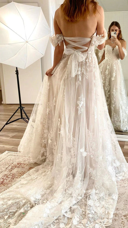 Romantic Flowy Boho Lace Wedding Dress