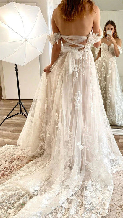 Romantic Flowy Boho Lace Wedding Dress - DollyGown