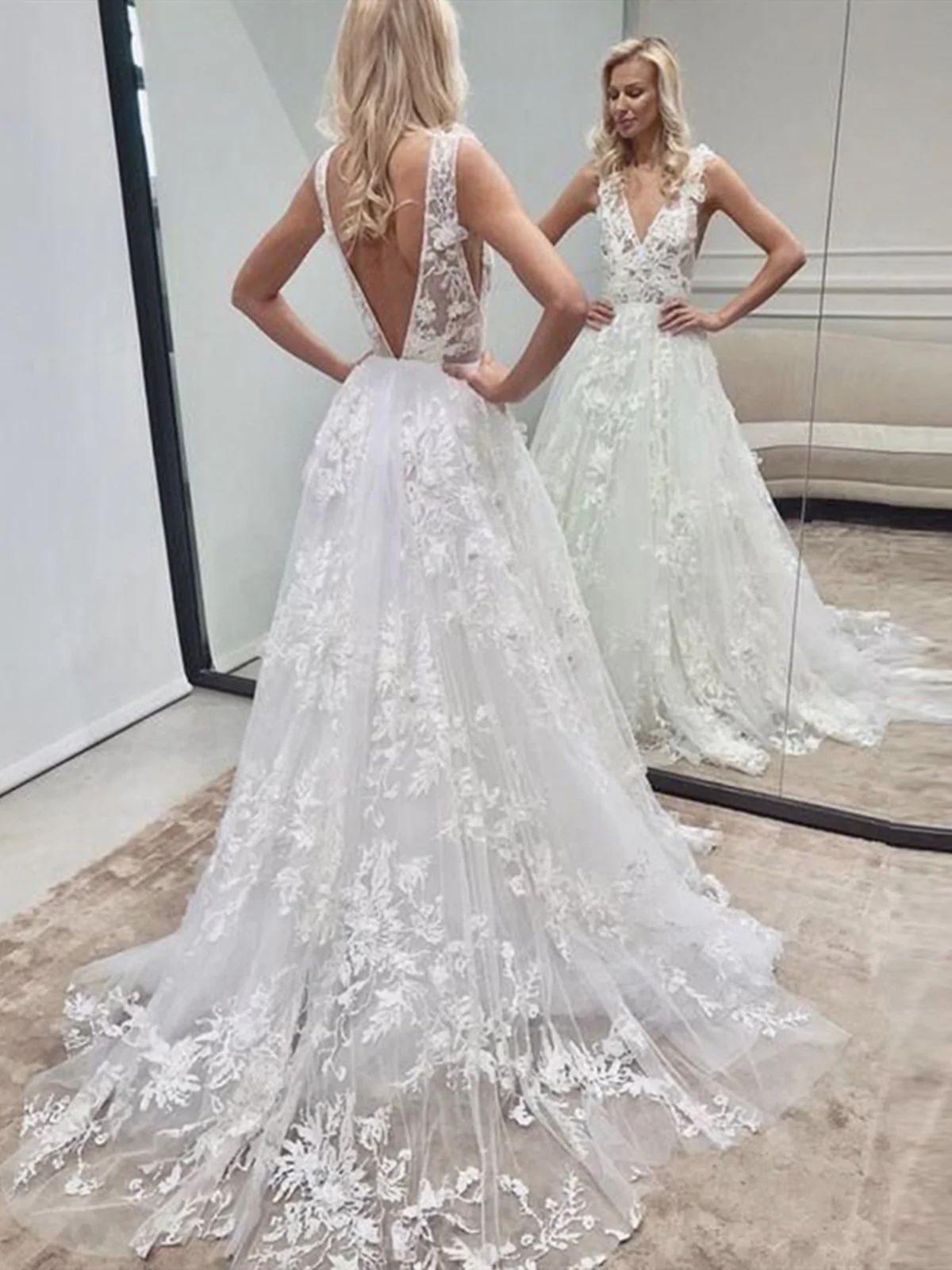 Romantic Plunge V neck Lace Wedding Dress - DollyGown