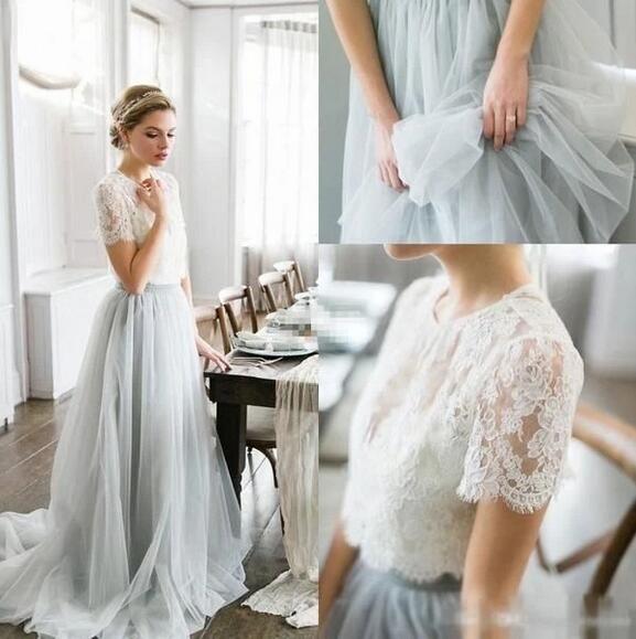 Romantic Rustic Lace Short Sleeved Crop Top Wedding Dress with Grey Tulle Skirt,20082208-Dolly Gown