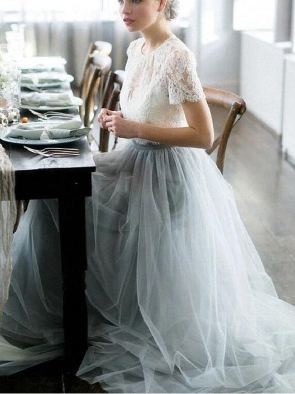 Romantic Rustic Lace Short Sleeved Crop Top Wedding Dress with Grey Tulle Skirt,20082208-Dolly Gown