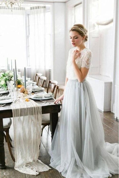 Romantic Rustic Lace Short Sleeved Crop Top Wedding Dress with Grey Tulle Skirt,20082208-Dolly Gown