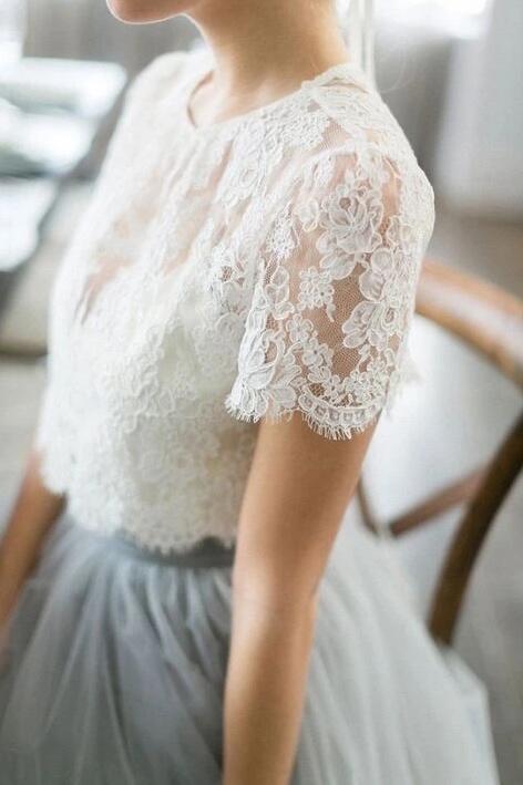 Romantic Rustic Lace Short Sleeved Crop Top Wedding Dress with Grey Tulle Skirt,20082208-Dolly Gown