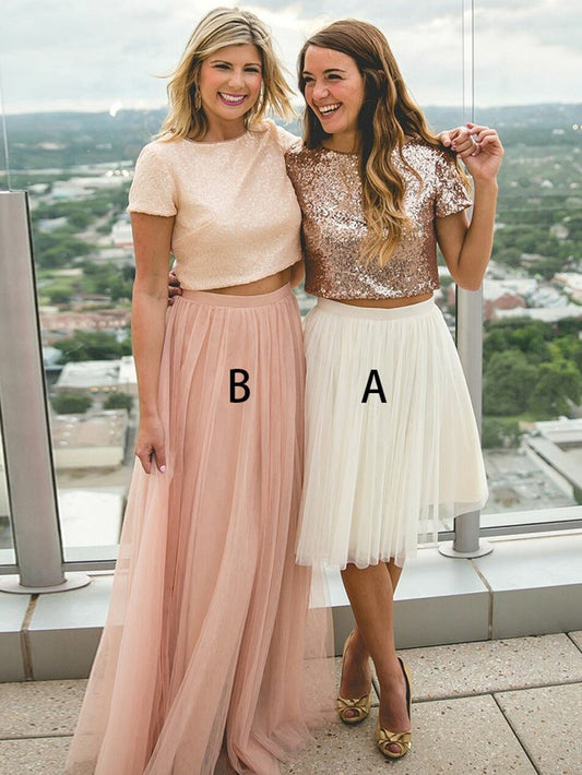 Romantic Short Sleeve Rose Pink Mismatched Two Piece Bridesmaid Dresses with Tulle Skirts,20081816-Dolly Gown