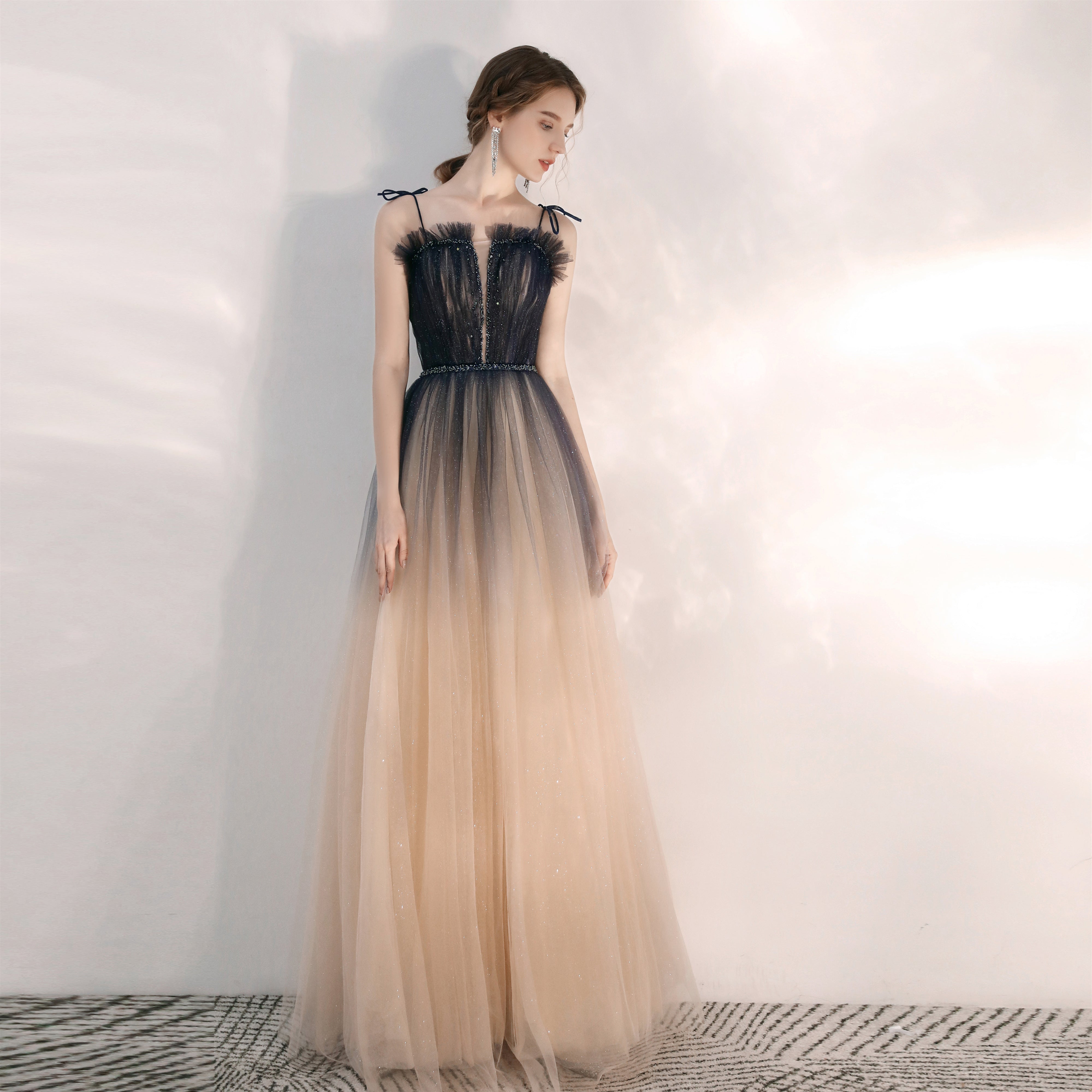 Romantic Tulle Champagne Formal Flowy Prom Dress Romantic Tulle Champagne Formal Flowy Prom Dress