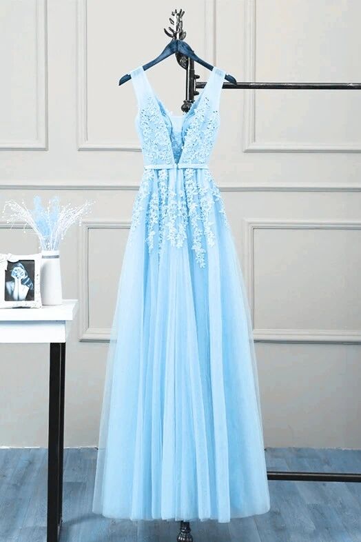 Romantic Tulle Lace V Back Sky Blue See Through Prom Dress Formal Dress #21111222-Dolly Gown