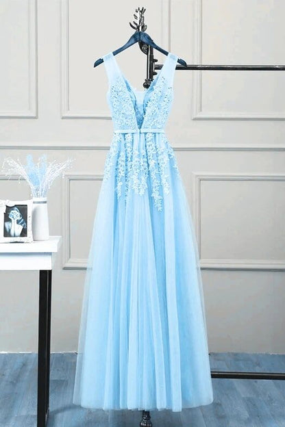 Romantic Tulle Lace V Back Sky Blue See Through Prom Dress Formal Dress ...