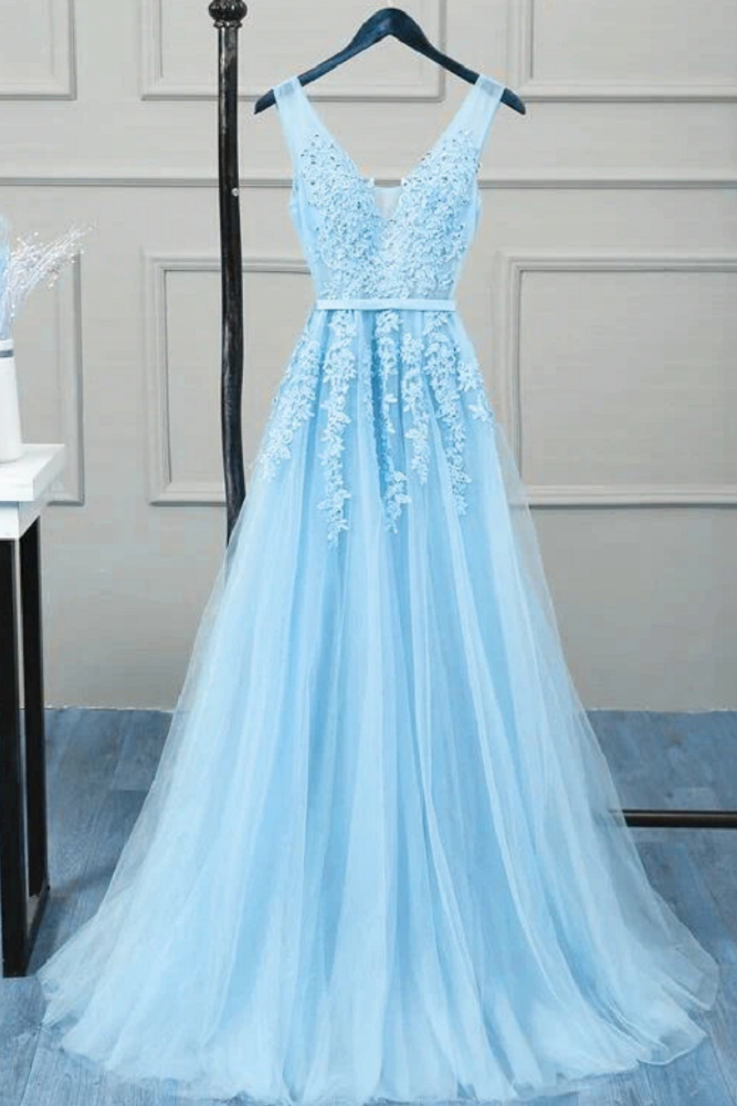 Romantic Tulle Lace V Back Sky Blue See Through Prom Dress Formal Dress ...