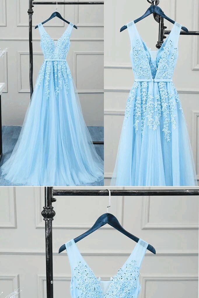 Romantic Tulle Lace V Back Sky Blue See Through Prom Dress Formal Dress #21111222-Dolly Gown
