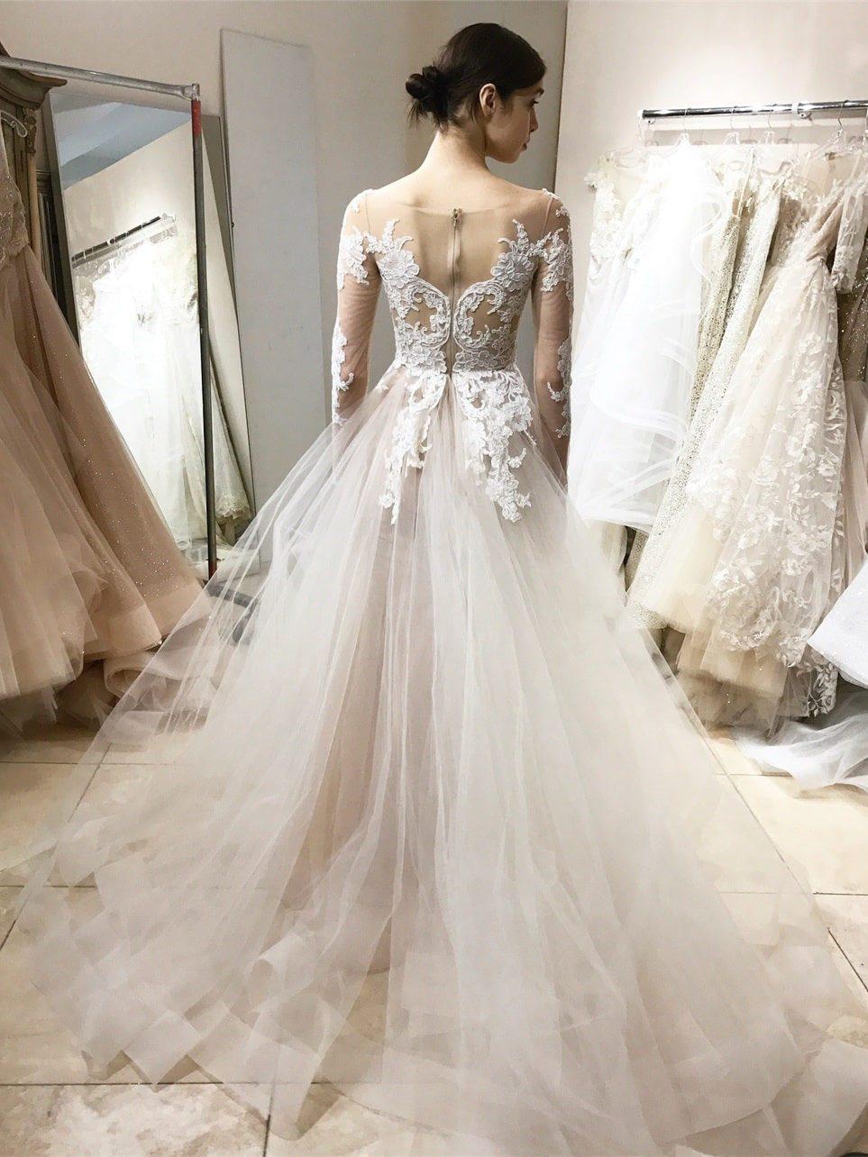 Romantic Fairy Long Sleeve Elegant Lace Top Tulle Wedding Dress with Sleeves Romantic Fairy Long Sleeve Elegant Lace Top Tulle Wedding Dress with Sleeves