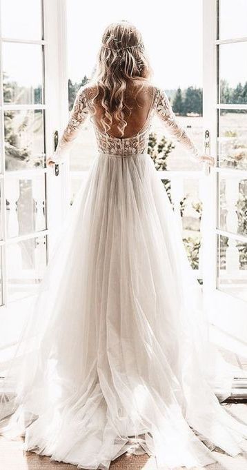 Romantic Tulle Custom Made Backless Wedding Dress with Sleeves,Robe De Mariee,GDC1090-Dolly Gown