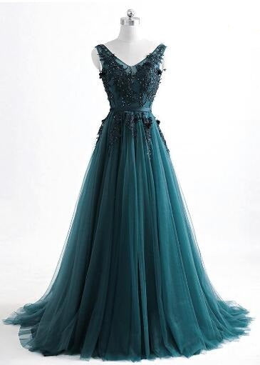 Romantic V neck Green Lace Appliques Tulle Long Prom Dress,GDC1204-Dolly Gown