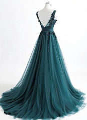 Romantic V neck Green Lace Appliques Tulle Long Prom Dress,GDC1204-Dolly Gown