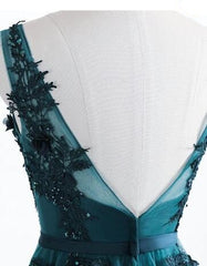 Romantic V neck Green Lace Appliques Tulle Long Prom Dress,GDC1204-Dolly Gown