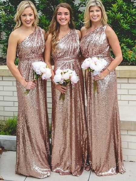 Rose Gold One Shoulder Bridesmaid Dresses Long Sequin Bridesmaid Dresses FS100-Dolly Gown