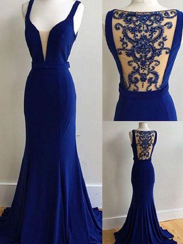 Royal Blue Gown Deep V Prom Dress Unique Prom Dress With Court Train MA175-Dolly Gown