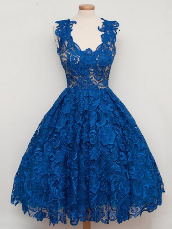 Royal Blue Lace Vintage Style Short Prom Dress Vintage Homecoming Dress #21011219-Dolly Gown
