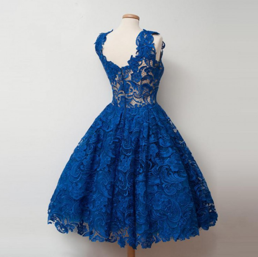 Royal Blue Lace Vintage Style Short Prom Dress Vintage Homecoming Dress #21011219-Dolly Gown