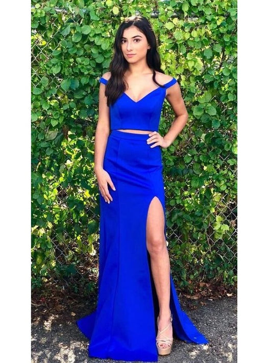 Royal Blue Off the Shoulder Two Piece Long Formal Prom Dress,20082013-Dolly Gown