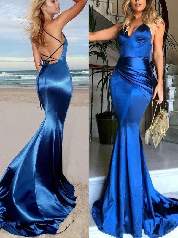 Royal Blue Fit and Flare Elastic Satin Backless Evening Dress Mermaid Prom Dress,GDC1279-Dolly Gown