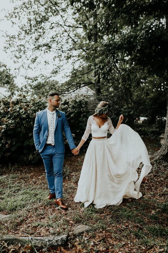 Casual Rustic Boho Lace Top Bridal Separates with 3/4 Sleeves