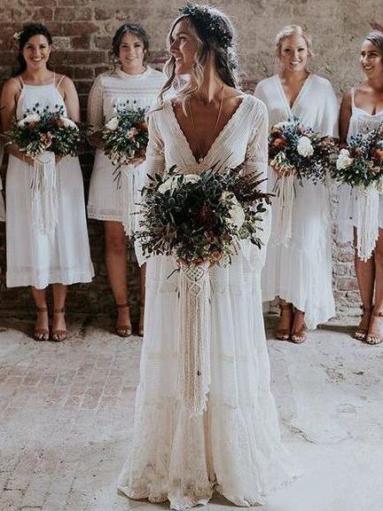 boho wedding dress under $100 sleeves fast shipping Rustic Raw Cotton Boho Wedding Dress: Tiered Poet Sleeves - Stella