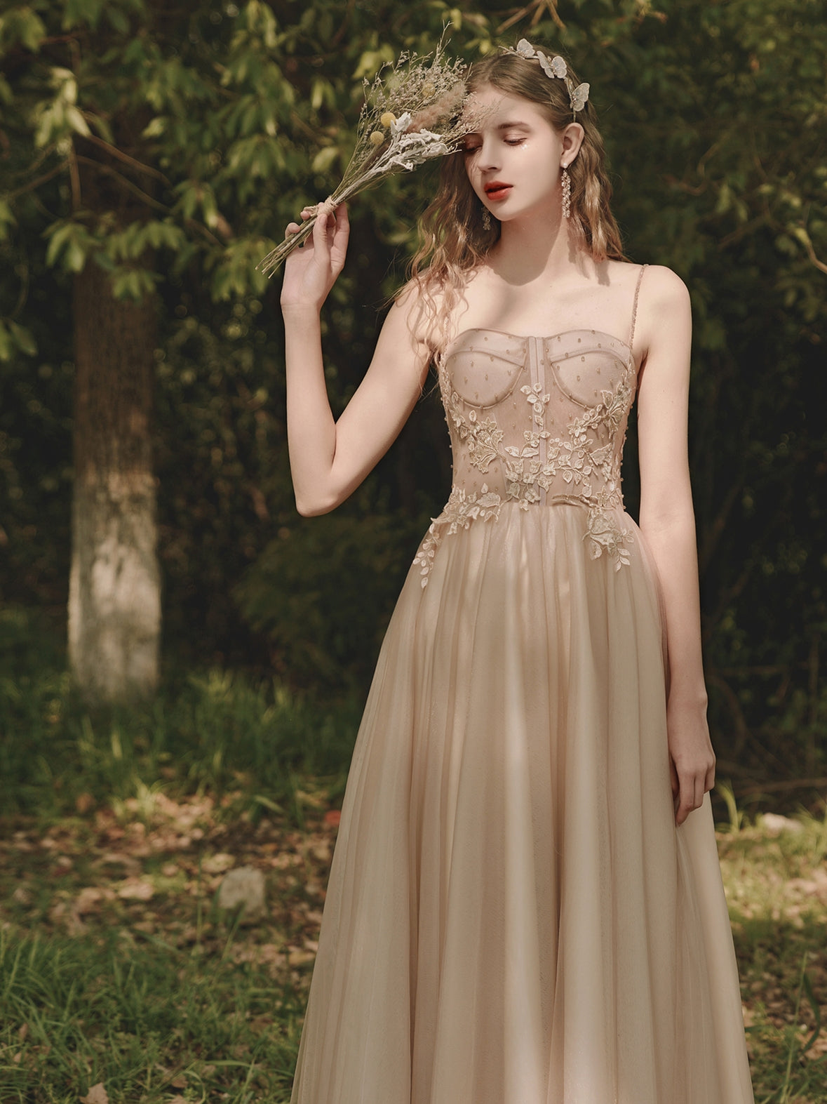 Rustic Champagne Flowy Prom Dress Long Wedding Dress Rustic Champagne Flowy Prom Dress Long Wedding Dress