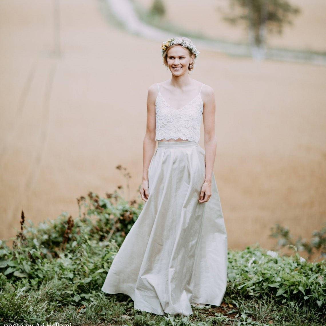 Simple Rustic Country Style Long Lace Crop Top Two Piece Wedding Dress
