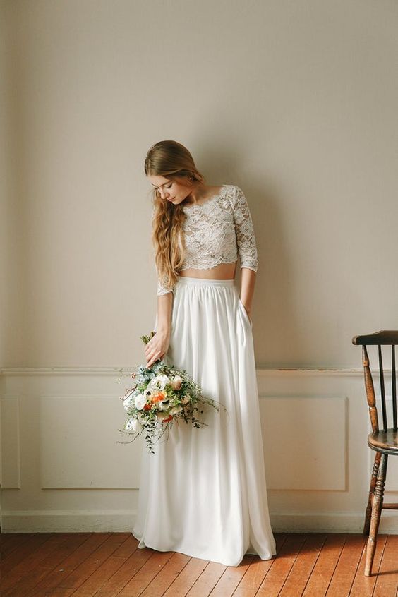 Rustic Sleeve Lace Crop Top 2 Piece Wedding Dress with Chiffon Skirt and Pockets Rustic Sleeve Lace Crop Top 2 Piece Wedding Dress with Chiffon Skirt and Pockets