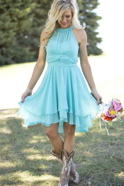 Rustic Sophisticated Halter Blue Chiffon Short Bridesmaid Dress with Boots,20081609-Dolly Gown