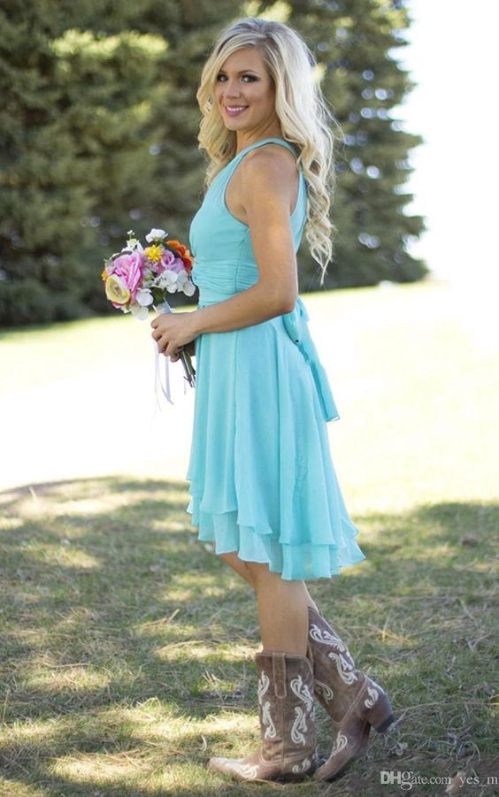 Rustic Sophisticated Halter Blue Chiffon Short Bridesmaid Dress with Boots Rustic Sophisticated Halter Blue Chiffon Short Bridesmaid Dress with Boots