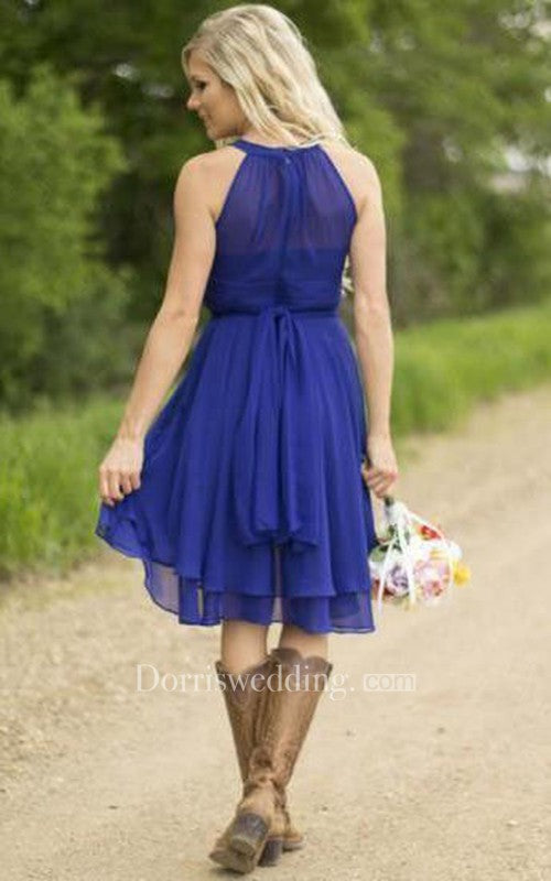 Rustic Sophisticated Halter Blue Chiffon Short Bridesmaid Dress with Boots,20081609-Dolly Gown