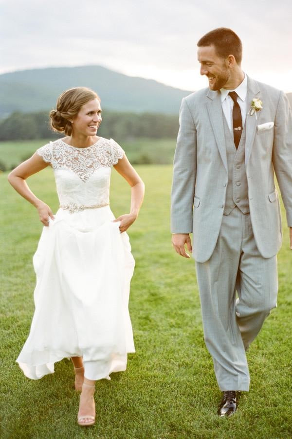 Elegant Rustic Cap Sleeves Lace Top Garden Wedding Dress