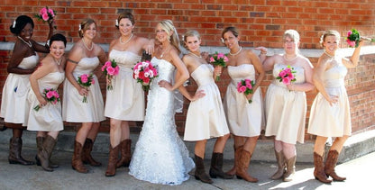 Rustic Taffeta Ruched Strapless Short Bridesmaid Dresses with Cowboy Boots,GDC1513-Dolly Gown