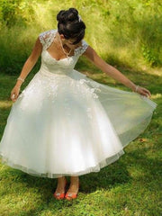 Rustic Vintage inspired 50s Lace Tulle Tea Length Wedding Dress with Cap Sleeves,GDC1520-Dolly Gown