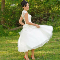 Rustic Vintage inspired 50s Lace Tulle Tea Length Wedding Dress with Cap Sleeves,GDC1520-Dolly Gown