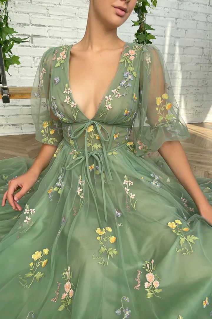 Sage Green Ankle Length Lace Prom Dress with Bubble Sleeves - DollyGown