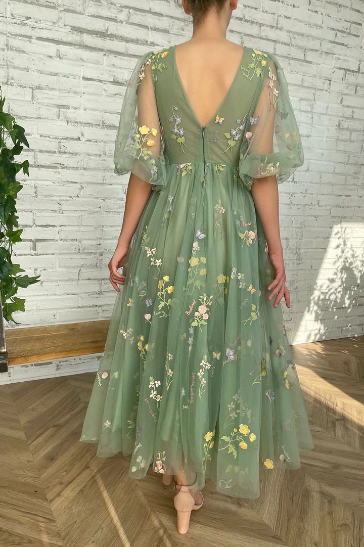 Sage Green Ankle Length Lace Prom Dress with Bubble Sleeves - DollyGown