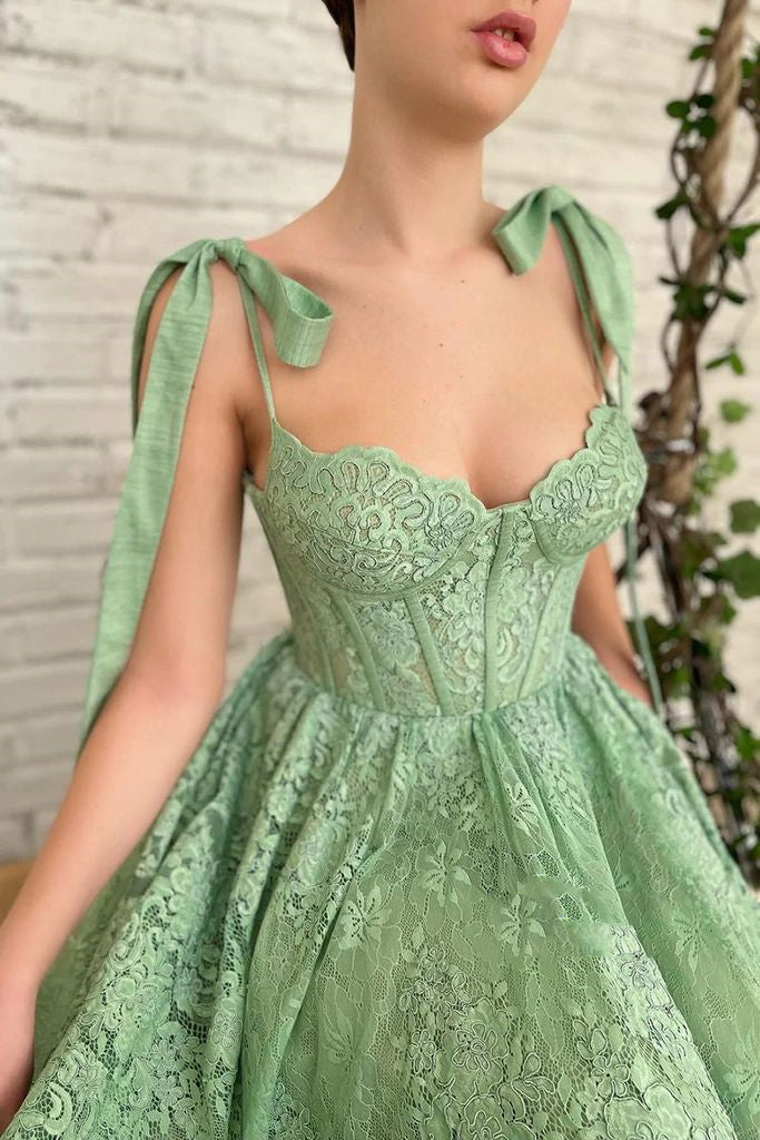 Sage Green Tea Length Lace Corset Wedding Guest Dress Prom Dress - DollyGown