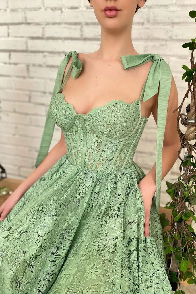 Sage Green Tea Length Lace Corset Wedding Guest Dress Prom Dress Sage Green Tea Length Lace Corset Wedding Guest Dress Prom Dress