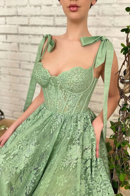 Sage Green Tea Length Lace Corset Wedding Guest Dress Prom Dress - DollyGown