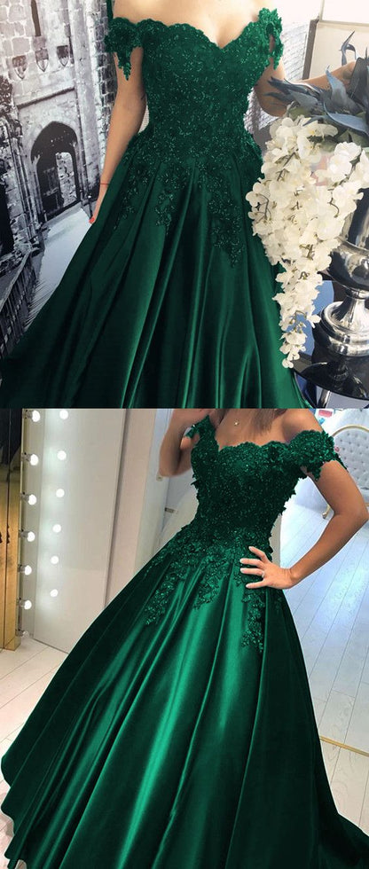 Satin Prom Dress Hunter Green Off Shoulders Ball Gown Prom Dress with Lace Appliques,18021604-Dolly Gown