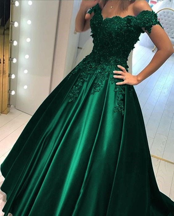 Satin Prom Dress Hunter Green Off Shoulders Ball Gown Prom Dress with Lace Appliques,18021604-Dolly Gown
