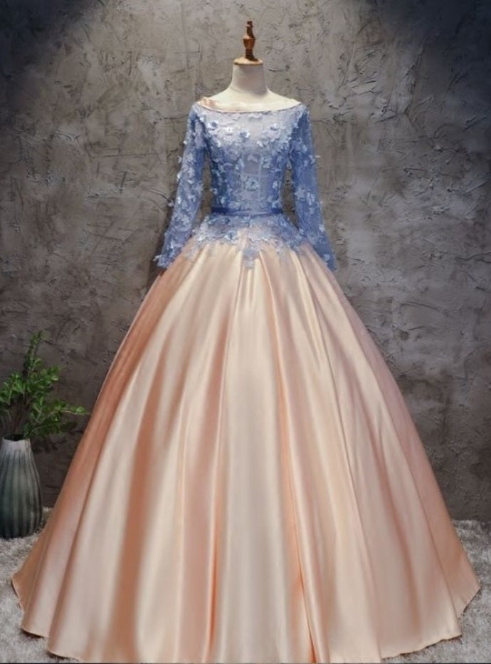 Scoop Neck Blush Pink Ball Gown Prom Dress with Sleeves - Dollygown