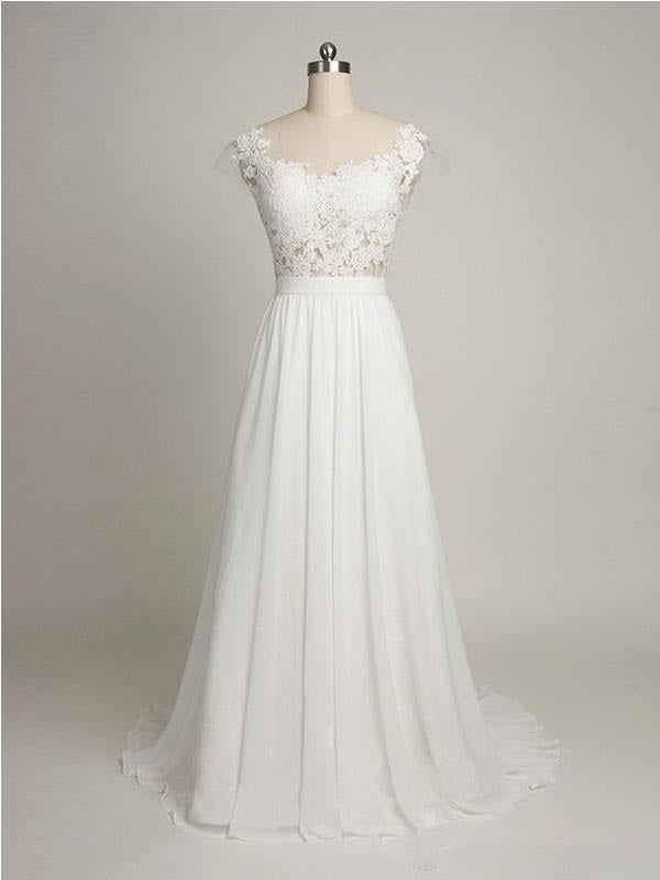 See Through Lace Top Wedding Dress A-Line Chiffon Beach Wedding Dress WS022-Dolly Gown