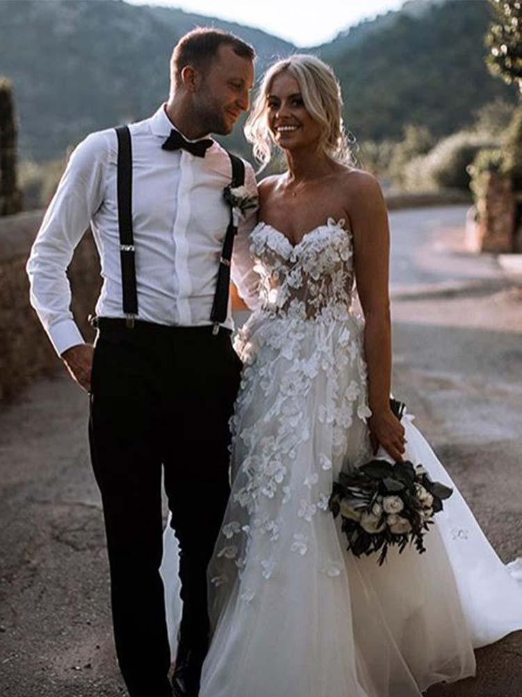 See Through Organza Sweetheart Neck 3D flower Bridal Country Wedding Dress,GDC1262-Dolly Gown