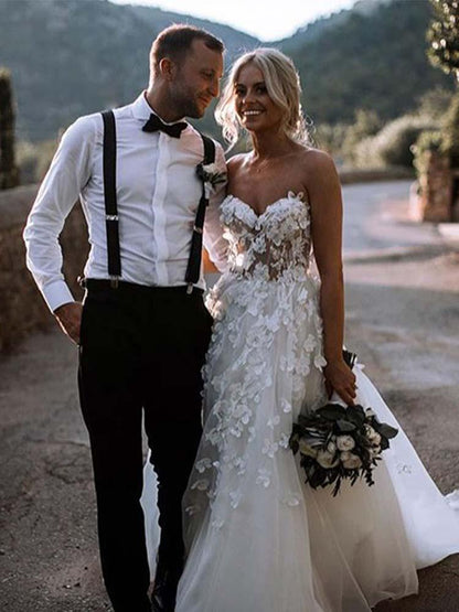 See Through Organza Sweetheart Neck 3D flower Bridal Country Wedding Dress,GDC1262-Dolly Gown