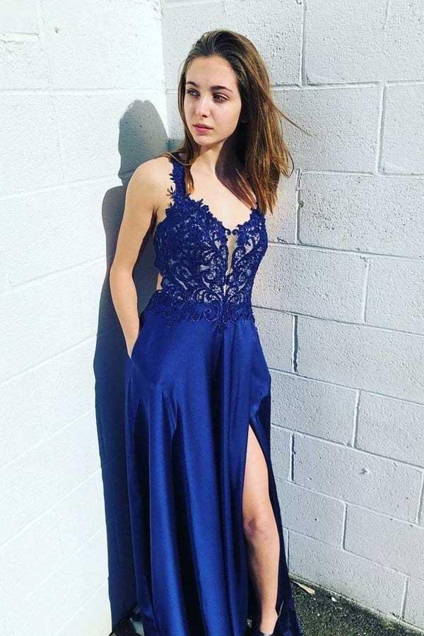 See Through Royal Blue Side Slit Lace Backless Prom Dress Blue Semi-Formal Dress,GDC1284-Dolly Gown