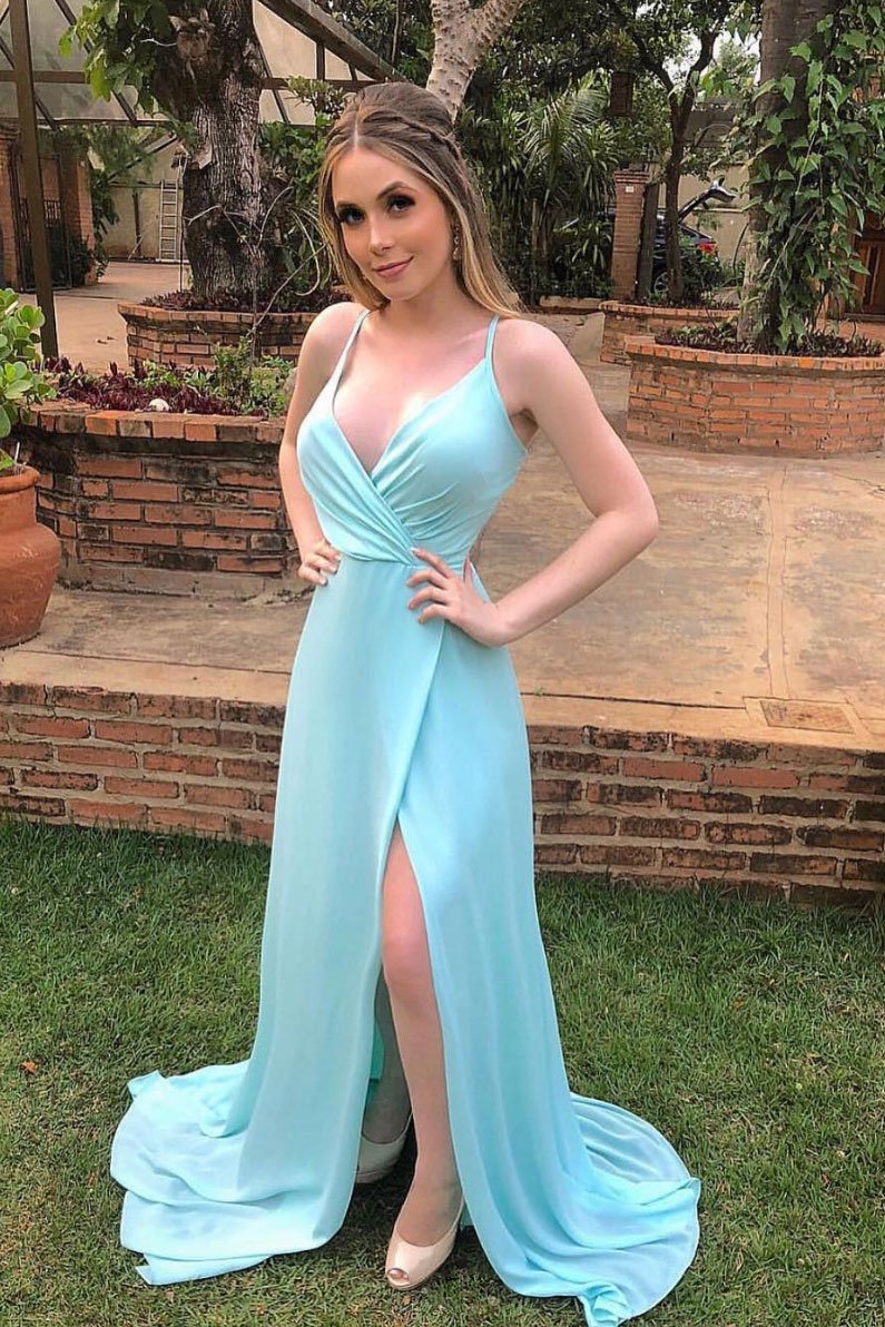 Sexy Flowy Blue Spaghetti Straps Chiffon Prom Dress with Side Slit,20081623-Dolly Gown